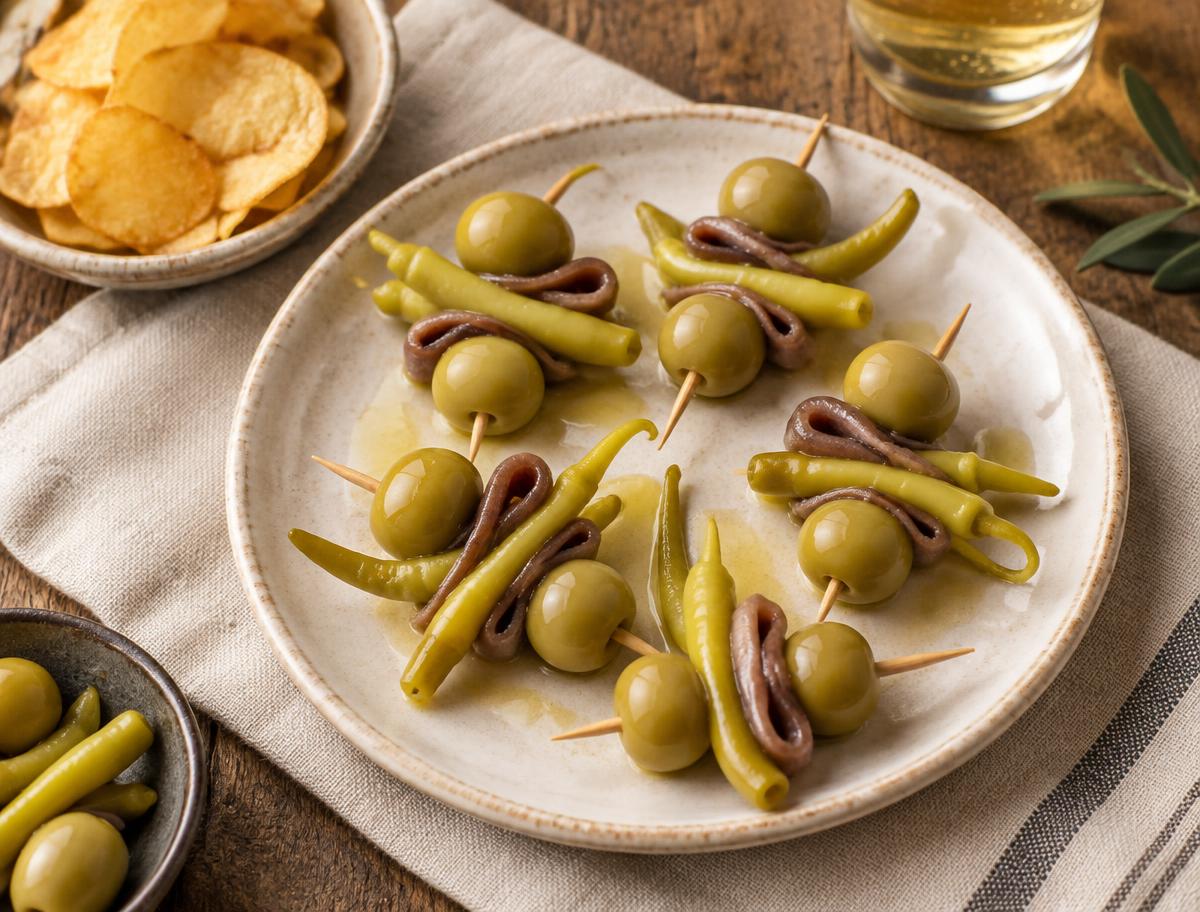 Plato de gildas montadas con aceituna, anchoa y guindilla